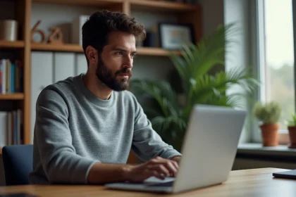 Homme consultant le site Xataf.com sur son ordinateur portable dans un bureau à domicile