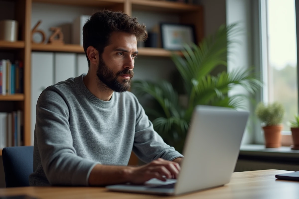 Homme consultant le site Xataf.com sur son ordinateur portable dans un bureau à domicile