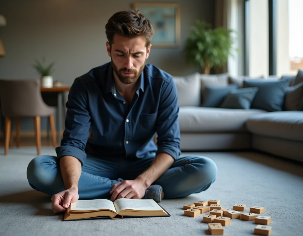 Homme consultant un dictionnaire Scrabble posé au sol avec des lettres disposées sur un plateau, recherche de mots acceptés au Scrabble