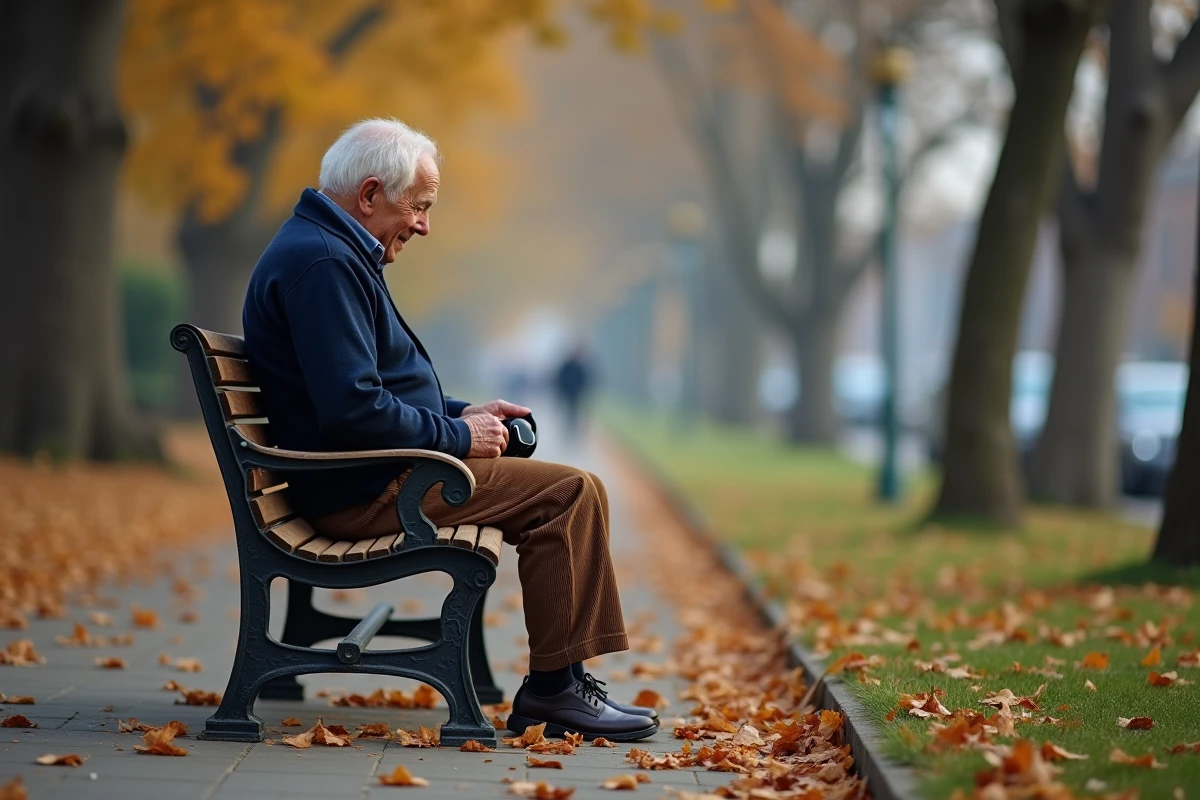 Homme âgé assis sur un banc de parc avec des écouteurs