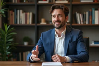 Homme en blazer bleu dans un bureau moderne