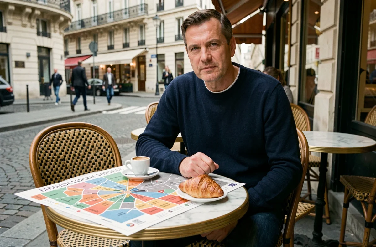 Homme étudiant un plan détaillé des arrondissements de Paris en terrasse de café parisien