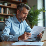 Homme d'âge moyen examinant documents d'impots immobiliers