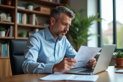 Homme d'âge moyen examinant documents d'impots immobiliers