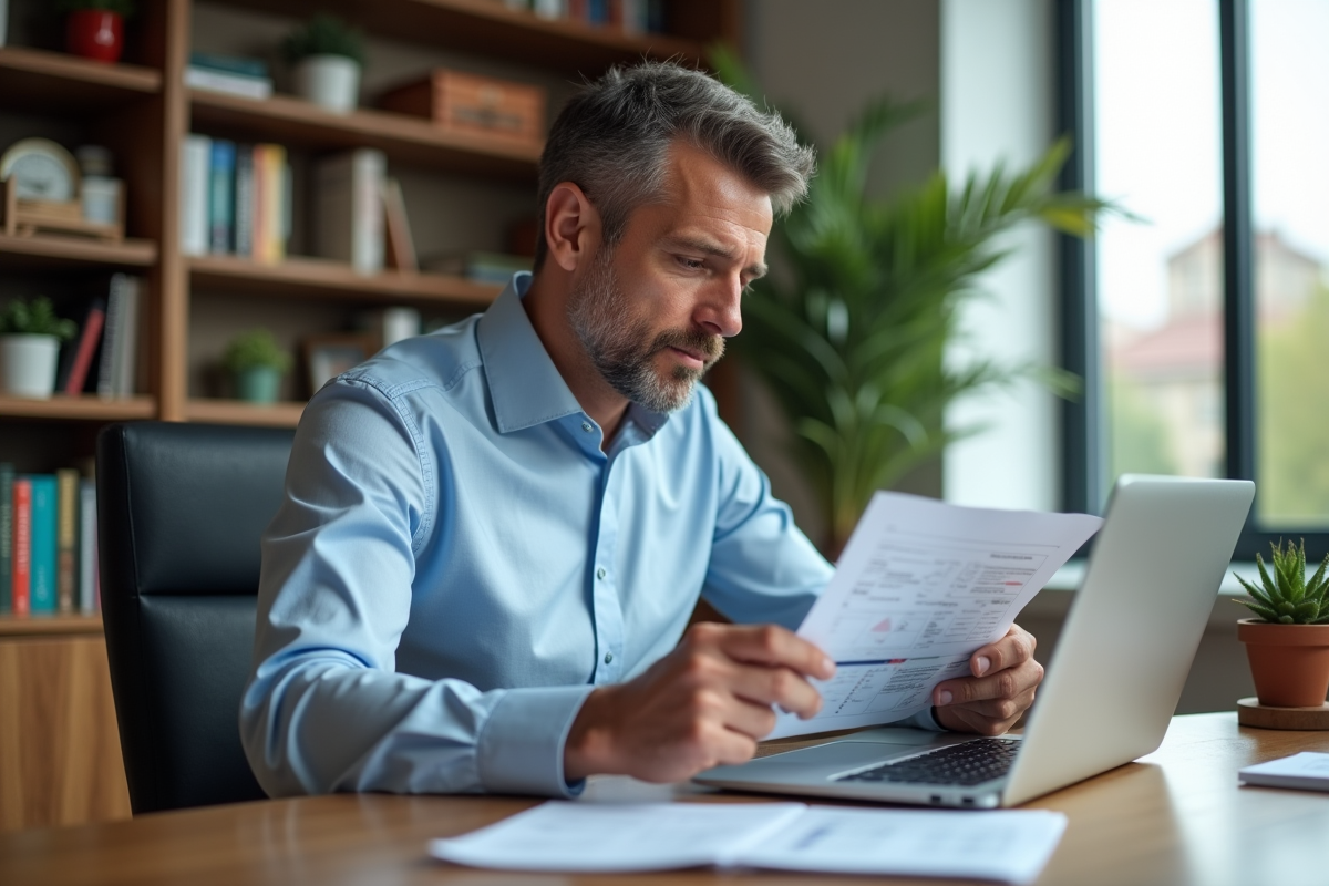 Homme d'âge moyen examinant documents d'impots immobiliers