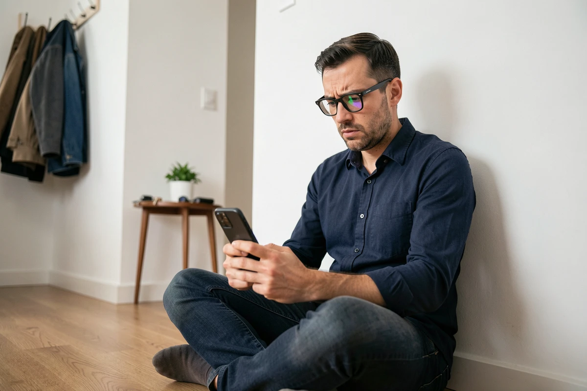 Homme avec lunettes concentré sur la soluce d'un niveau difficile dans Rooms And Exits