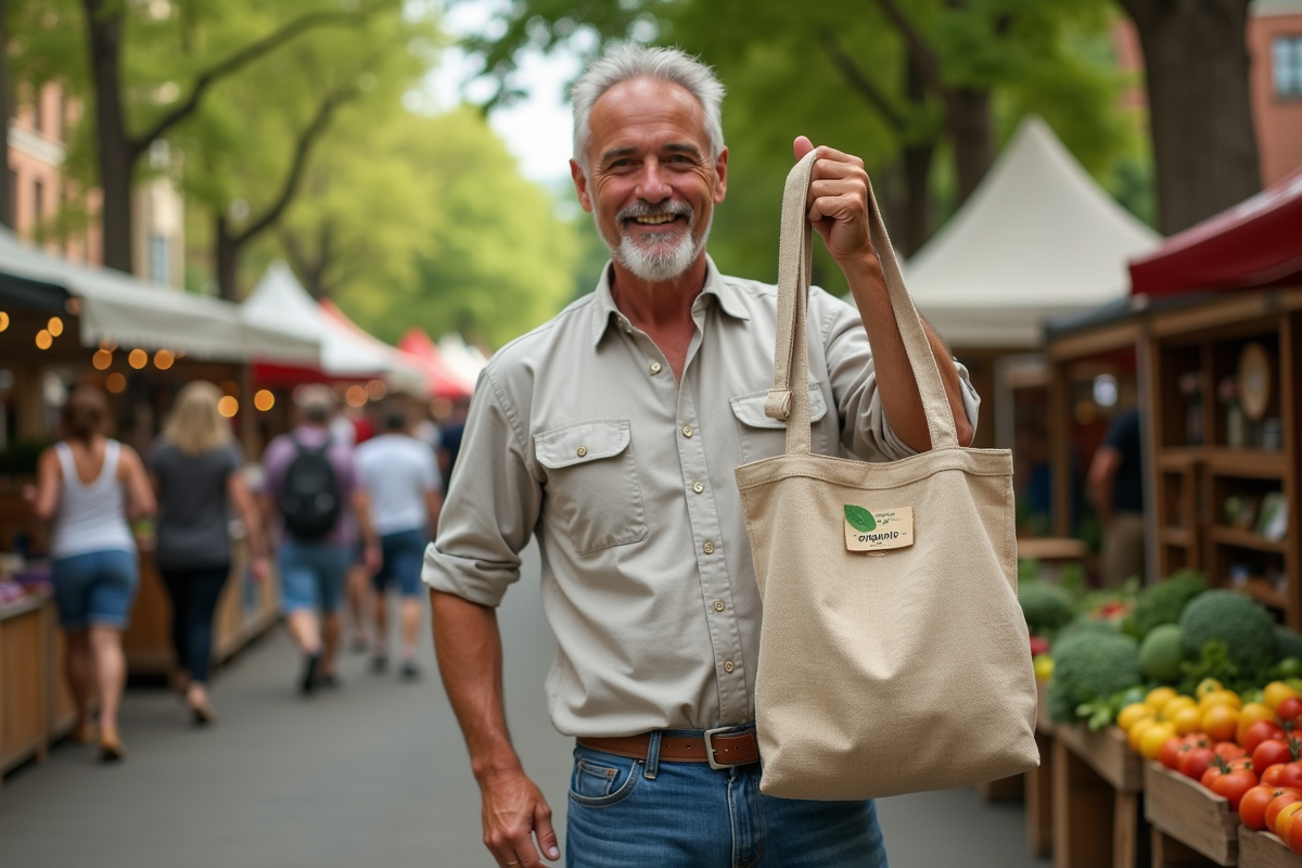Homme souriant avec sac en chanvre au marché bio en plein air