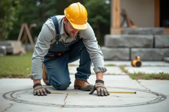Ouvrier mesurant un cercle sur le sol lors d'une rénovation