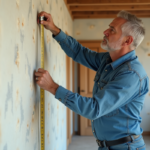 Homme mesurant l'isolation intérieure avec un mètre