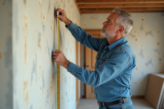 Homme mesurant l'isolation intérieure avec un mètre