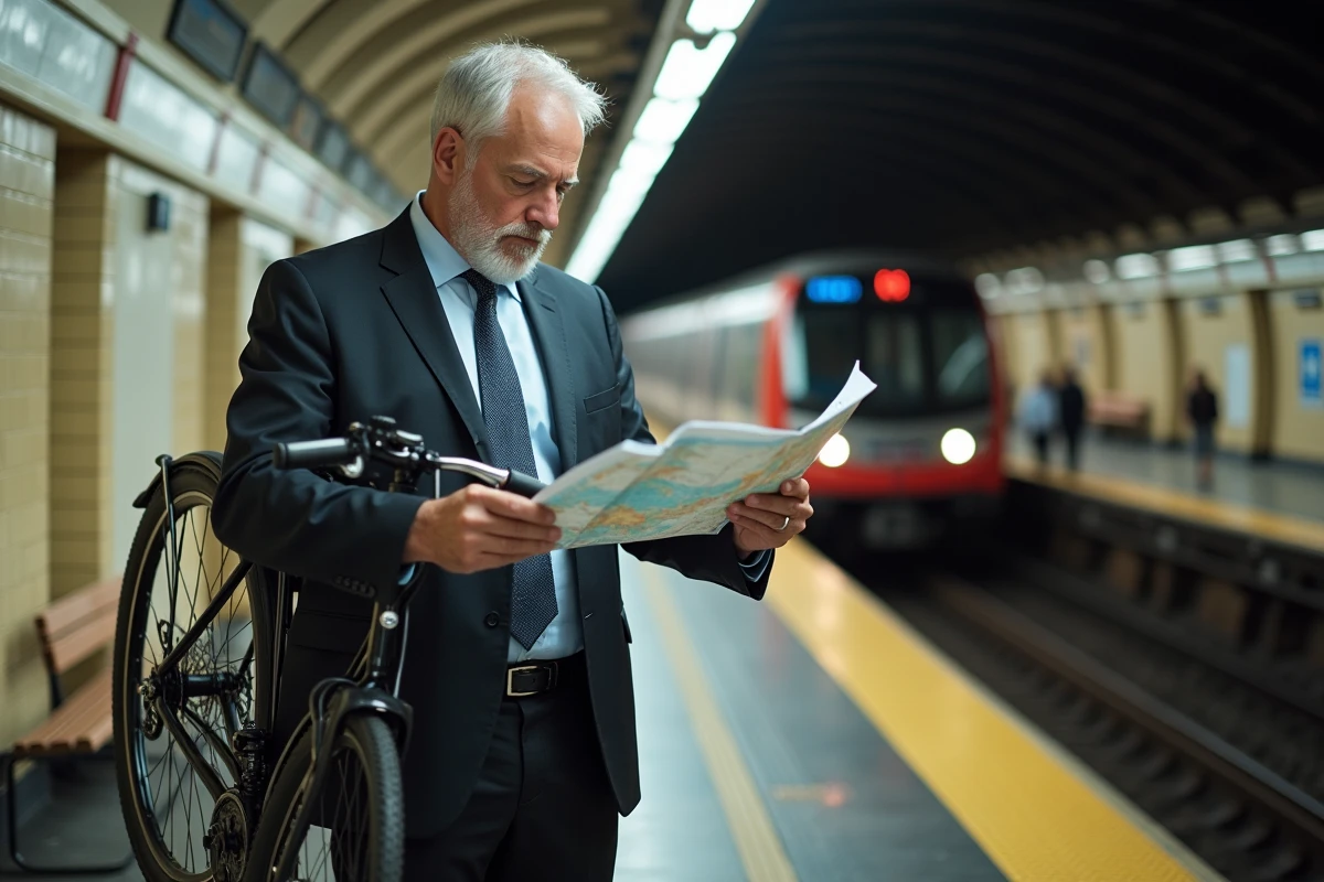 Homme d affaires vérifiant un plan dans une station de métro parisienne