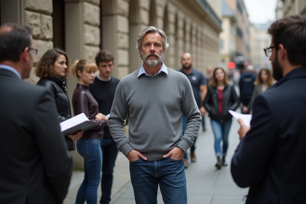Homme en pull gris parlant avec des journalistes en ville