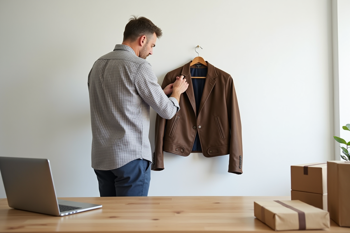 Homme photographie une veste vintage dans un bureau minimaliste