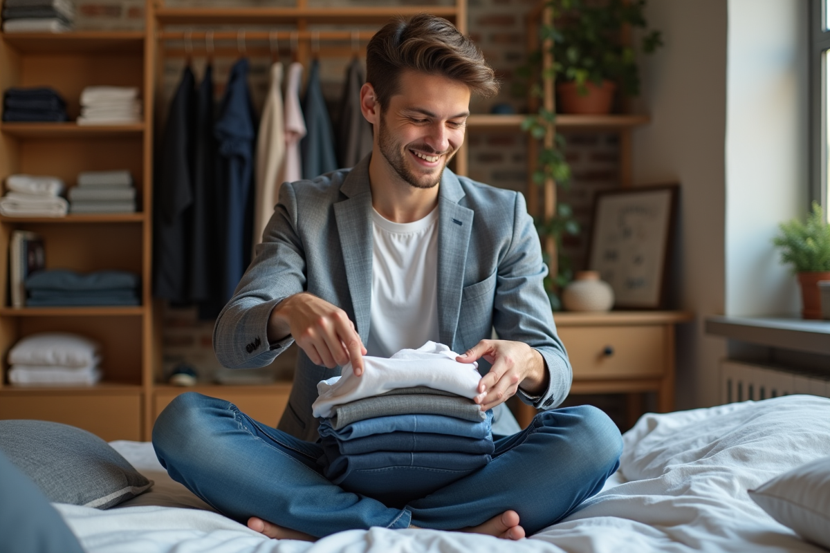 Jeune homme pliant ses vêtements dans un appartement urbain