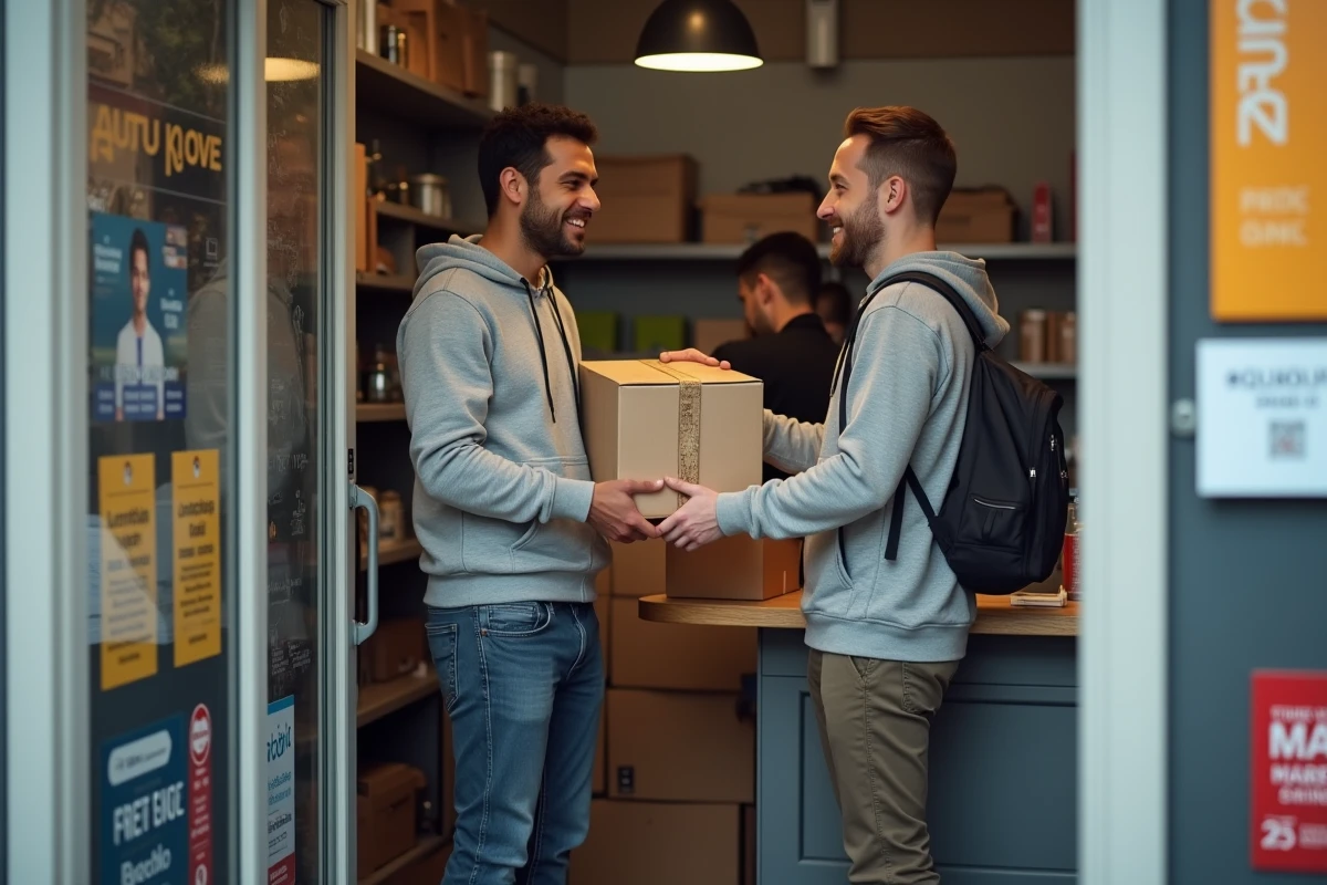 Homme en hoodie remettant un colis au comptoir d