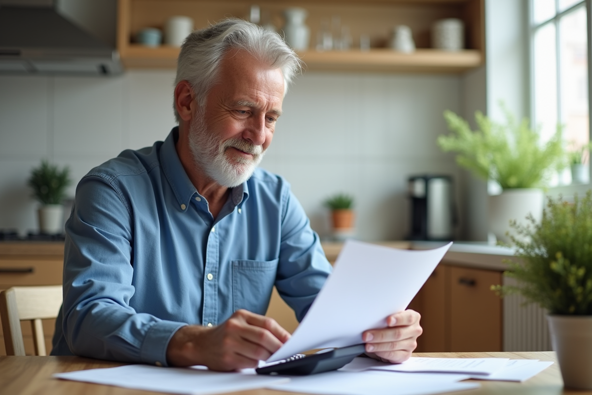 Homme d'âge moyen examinant des papiers de pension à la maison