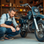 Homme en overalls vérifiant la chaîne d'une Yamaha 50