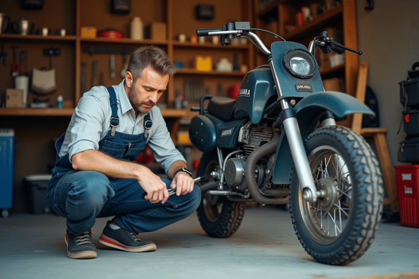 Homme en overalls vérifiant la chaîne d'une Yamaha 50