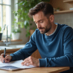 Homme concentré à lire des factures dans la cuisine