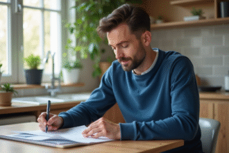 Homme concentré à lire des factures dans la cuisine