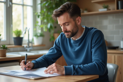 Homme concentré à lire des factures dans la cuisine