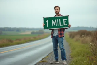 Homme avec panneau 1 mile sur route rurale