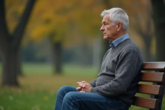 Homme d'âge moyen assis seul sur un banc de parc en automne