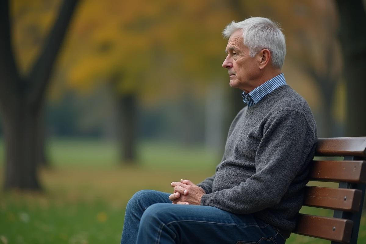 Homme d'âge moyen assis seul sur un banc de parc en automne