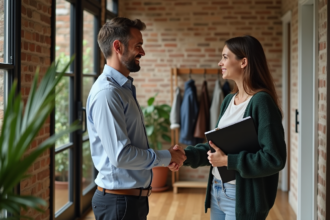 Homme souriant accueillant deux jeunes à l'entrée d'un appartement