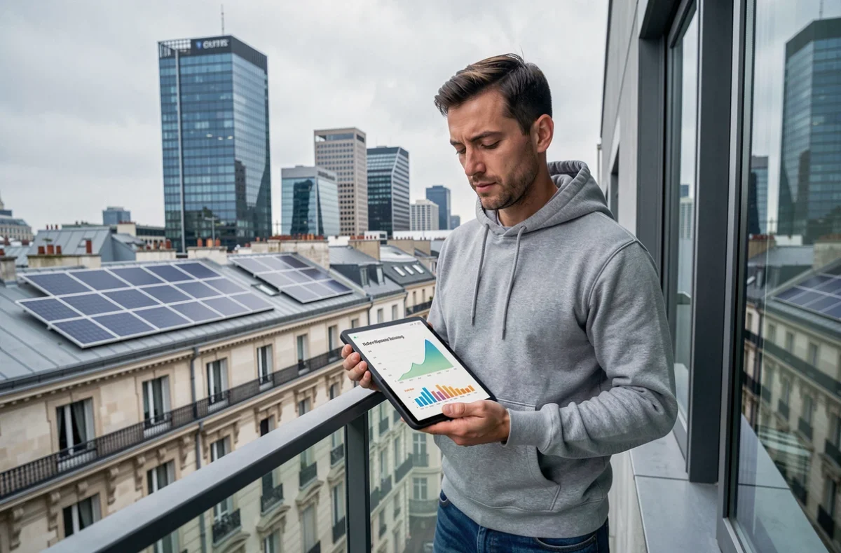 Homme consultant des données énergétiques sur tablette depuis son balcon avec vue sur des panneaux solaires urbains