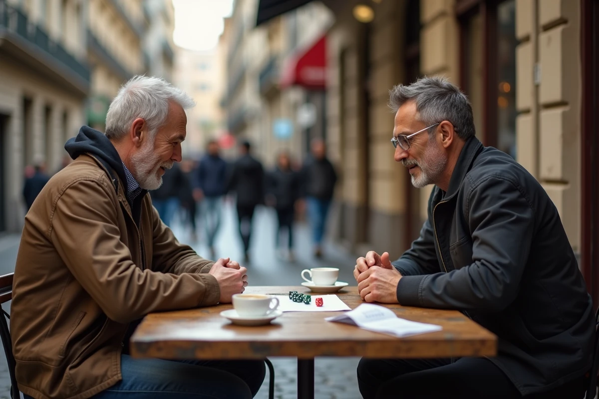 Deux hommes jouant au 421 en terrasse de café avec des dés et une fiche de règles posée sur la table