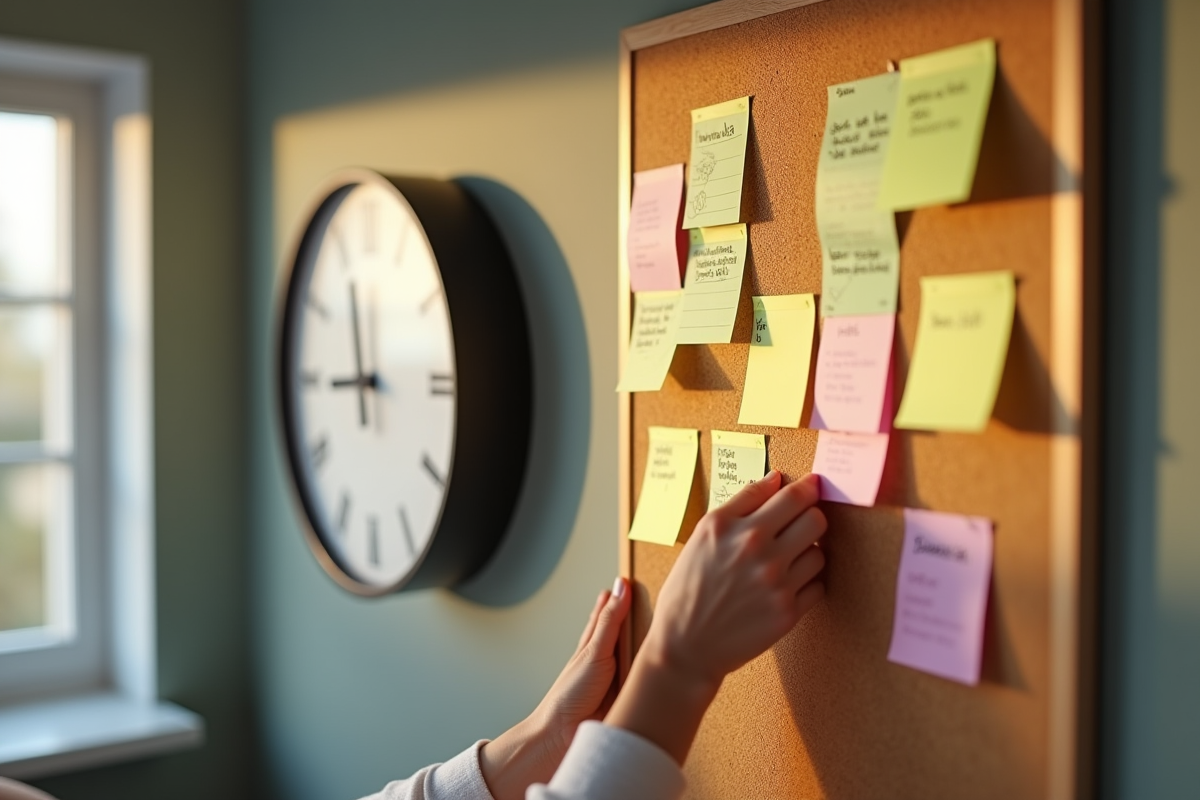 Personne tenant une horloge et organisant des notes sur un tableau