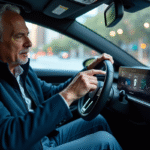 Ingénieur homme examine tableau de bord d'une voiture autonome
