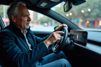 Ingénieur homme examine tableau de bord d'une voiture autonome