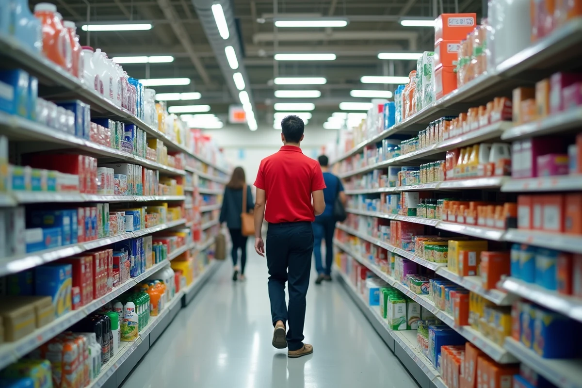 Intérieur d'un magasin Action avec des rayons bien achalandés un dimanche matin