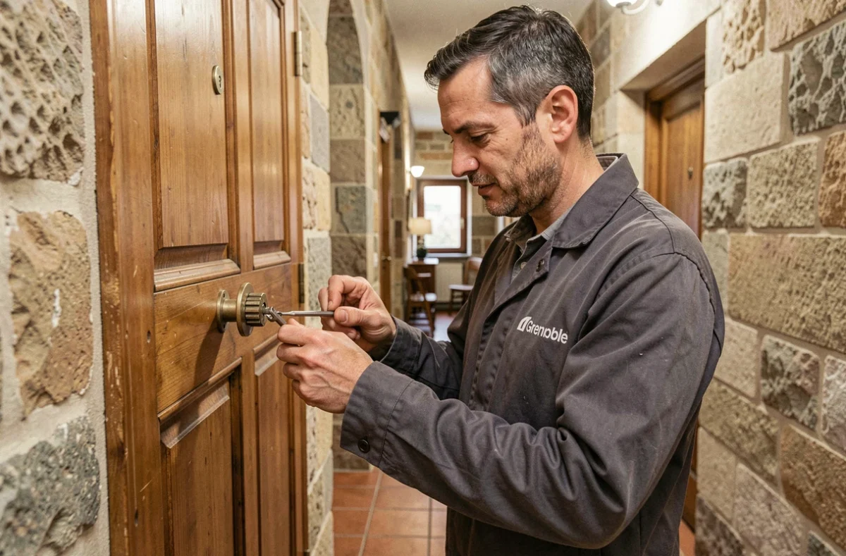 Artisan serrurier de la société Isère Serrurerie travaillant sur une serrure à Grenoble