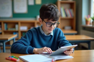 Adolescent avec tablette en classe pour l article