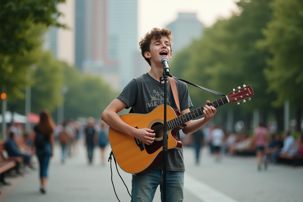 Adolescent chantant et jouant de la guitare dans un parc urbain