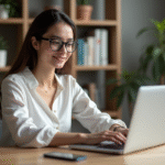 Jeune femme professionnelle travaillant sur son ordinateur dans un bureau moderne