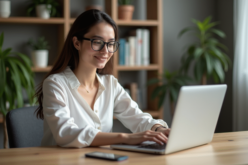 Jeune femme professionnelle travaillant sur son ordinateur dans un bureau moderne