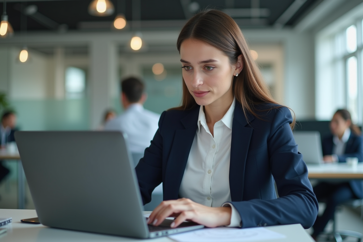 Jeune femme en costume dans un bureau moderne pour article fintech