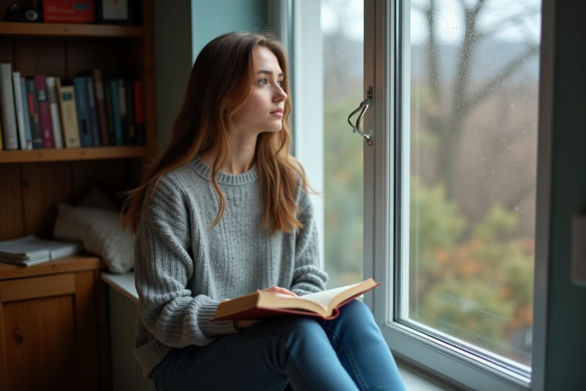 Jeune femme pensive regardant par la fenêtre pluvieuse