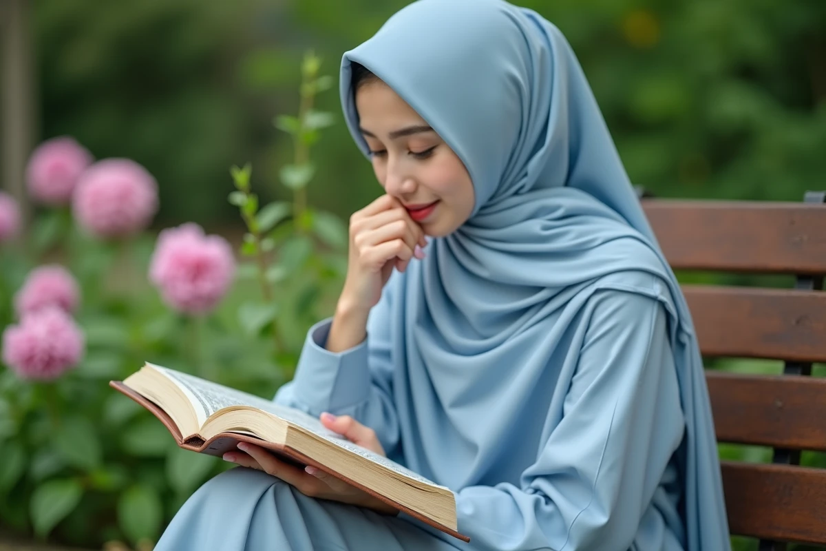 Jeune femme musulmane lisant le Quran dans un jardin