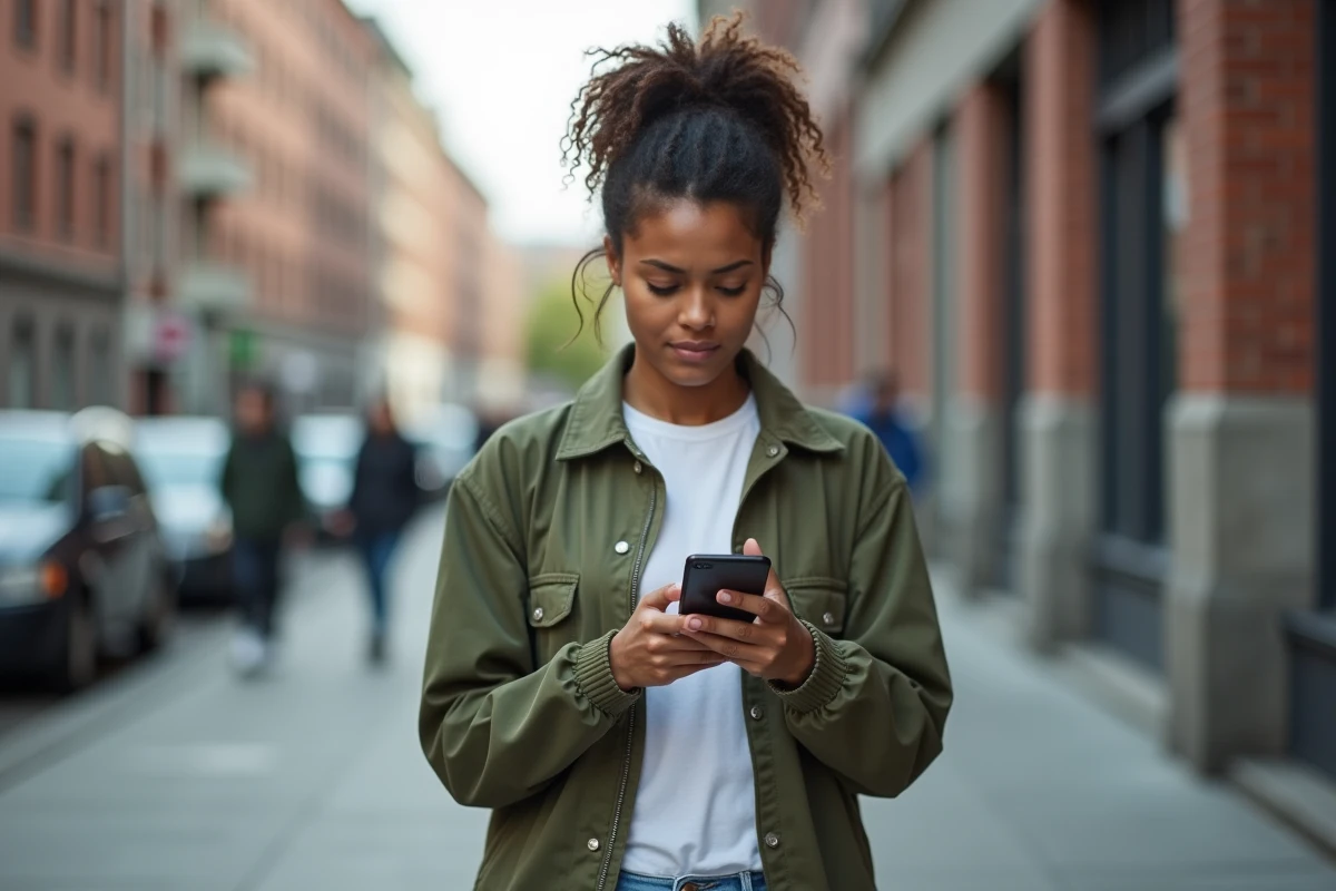 Jeune femme dans la rue consultant son téléphone après avoir reçu un appel au numéro 0031 inconnu