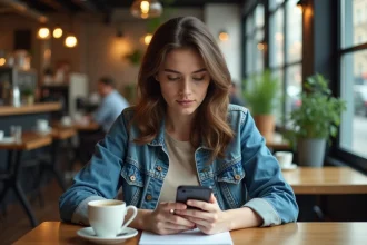 Jeune femme au smartphone dans un café urbain