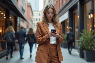 Jeune femme en blazer large dans la ville moderne