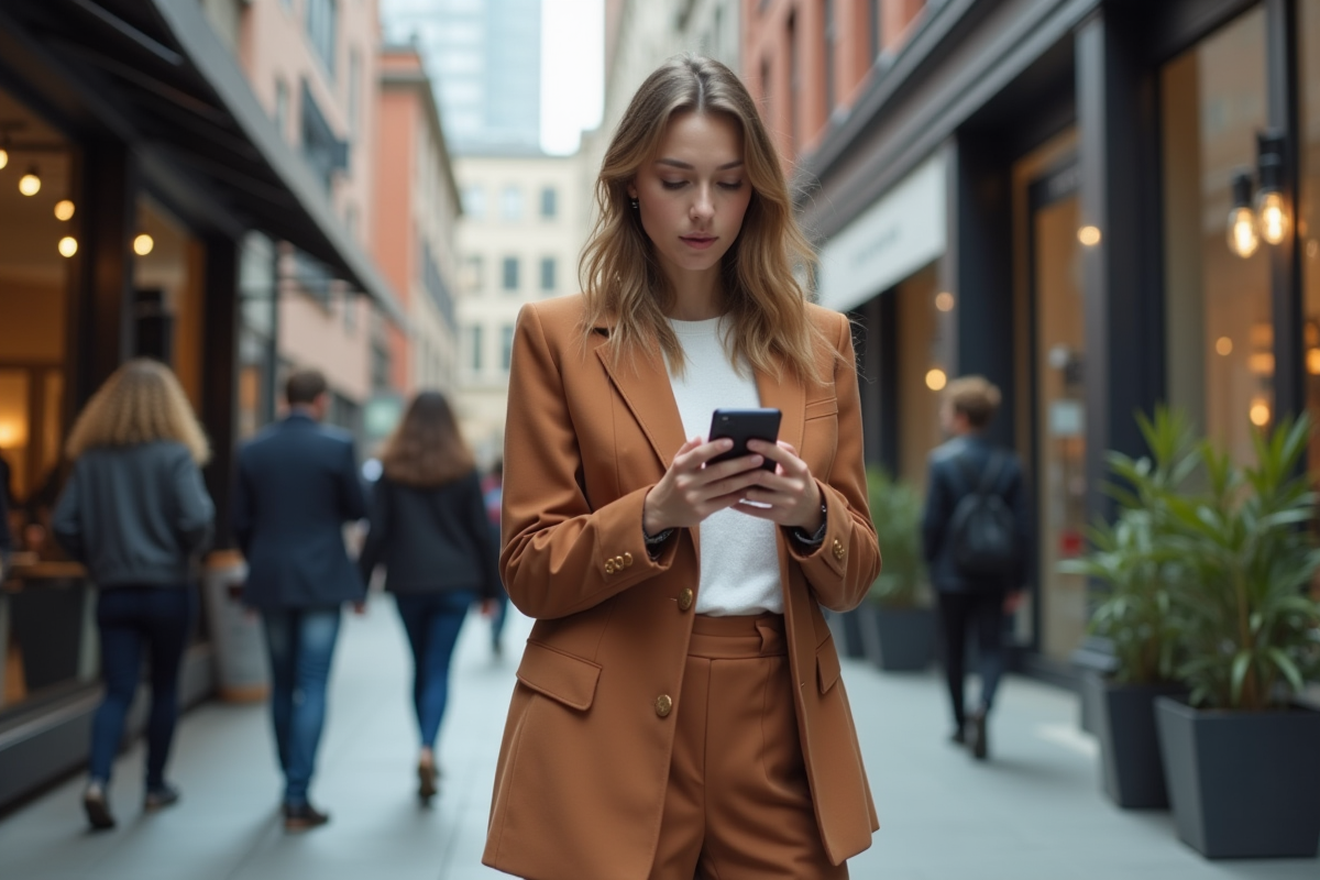 Jeune femme en blazer large dans la ville moderne
