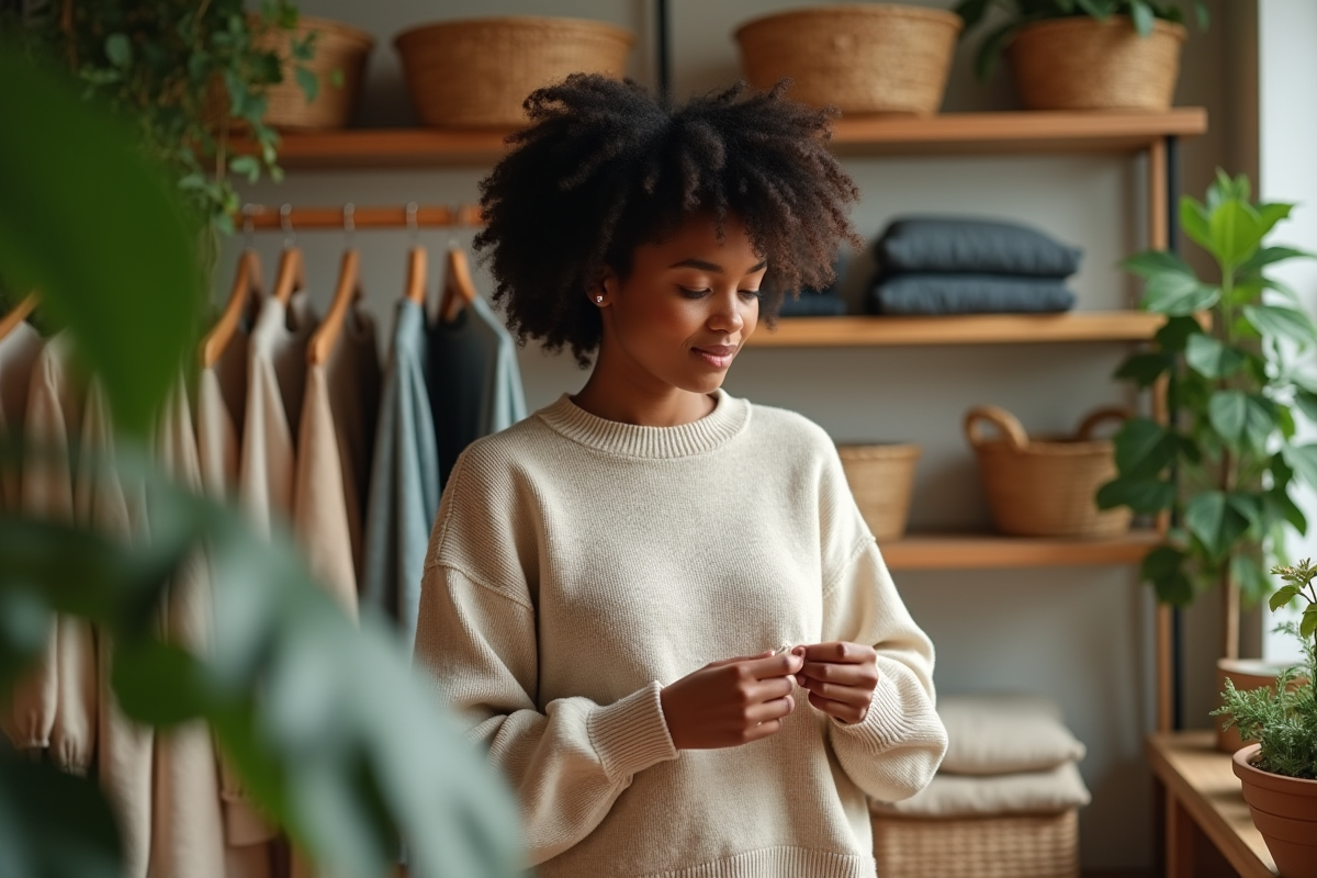 Jeune femme inspectant l'étiquette d'un pull écologique en boutique
