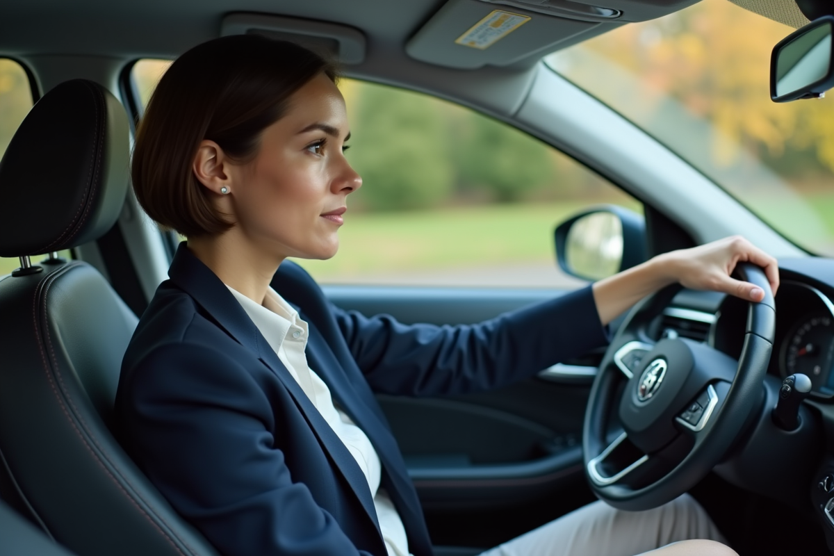 Jeune femme en voiture automatique en conduite détendue