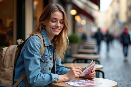 Jeune femme voyageant comptant de la monnaie locale et euros